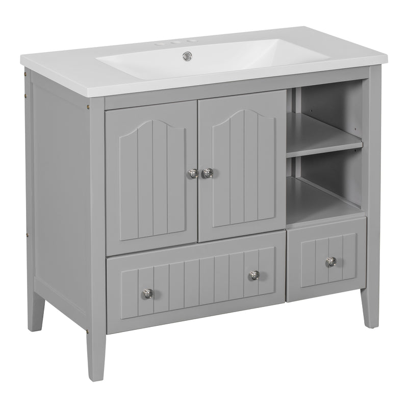 [VIDEO] 36" Bathroom Vanity with Ceramic Basin, Bathroom Storage Cabinet with Two Doors and Drawers, Solid Frame, Metal Handles, Grey