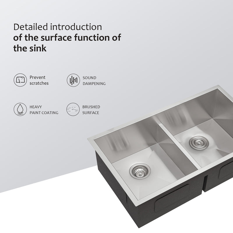 Double Bowl(50/50) Undermount Sink- 33"x19" Double Bowl Kitchen Sink 16 Gauge with Two 10" Deep Basin