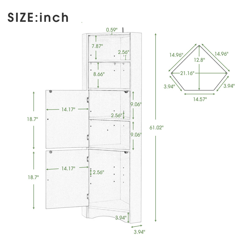 Tall Bathroom Corner Cabinet, Freestanding Storage Cabinet with Doors and Adjustable Shelves, MDF Board, White