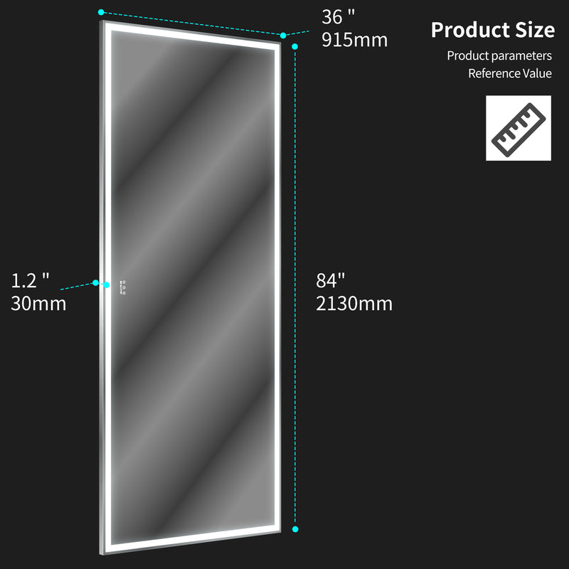 Extra Large LED Bathroom Mirror with 3 Color Aluminum Framed Wall Mirror Full Body Mirror with Lights, Vertical Horizontal Hanging Aluminum Framed Mirror for Bedroom Living Room, Silver, 84X36 inches