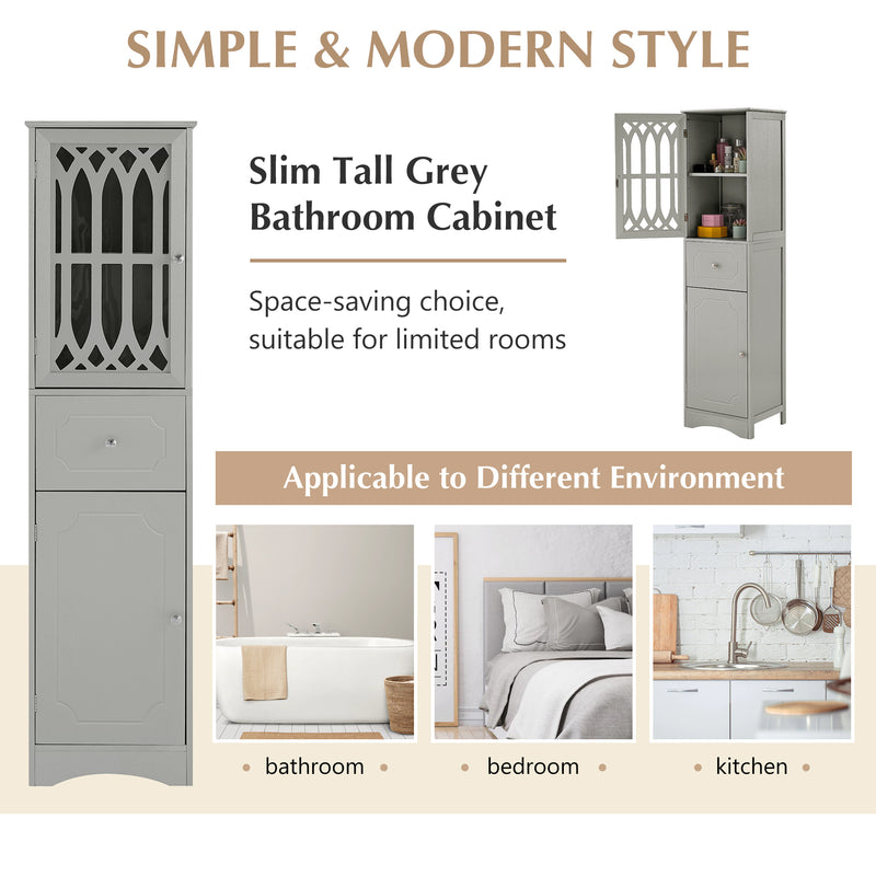 Tall Bathroom Cabinet, Freestanding Storage Cabinet with Drawer and Doors, MDF Board, Acrylic Door, Adjustable Shelf, Grey