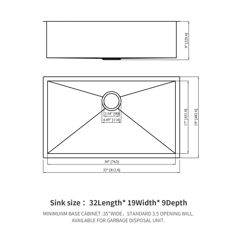 Gunmetal Black  Kitchen Sink -32" Undermount Singel Bowl Kitchen basin 18 Gauge Stainless Steel  with 9 Inch Deep