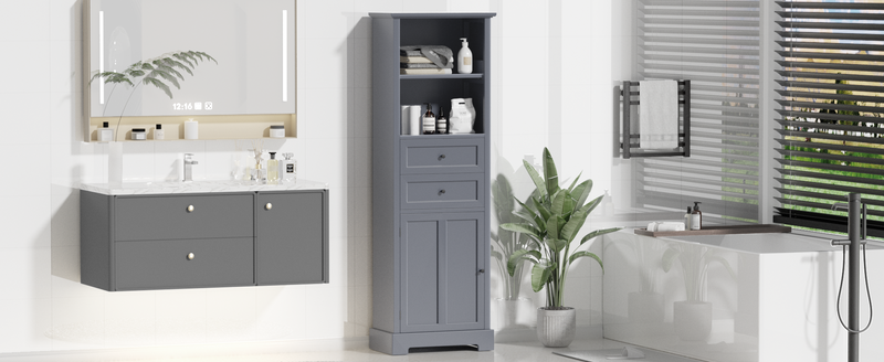 Bathroom Storage Cabinet, Tall Storage Cabinet with Two Drawers, Open Storage, Adjustable Shelf, Grey