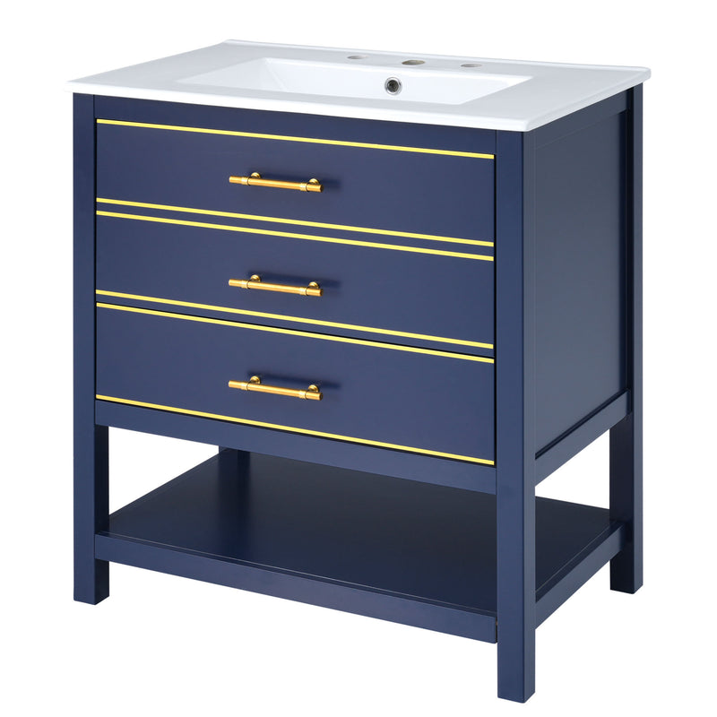 [Viedo]Modern 30inch Navy Blue/White Bathroom Vanity Cabinet Combo with Open
Storge, Two Drawers