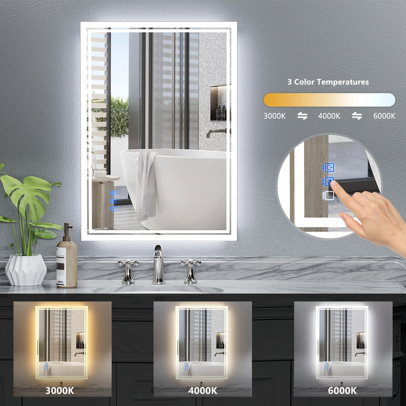 24 x 40 LED Backlit Mirror Bathroom Vanity with Lights, 3 Colors LED Mirror for Bathroom, Anti-Fog,Dimmable,CRI90+,Touch Button,Water Proof,Horizontal/Vertical,Lighted Wall Mounted