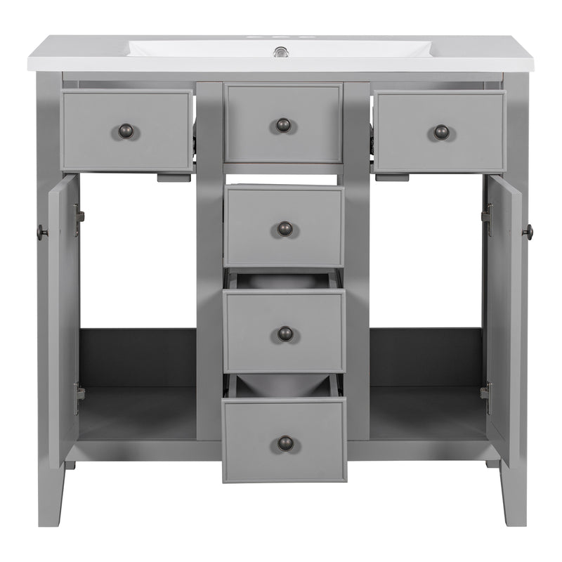 36" Bathroom Vanity with Ceramic Basin, Two Cabinets and Five Drawers, Solid Wood Frame, Grey