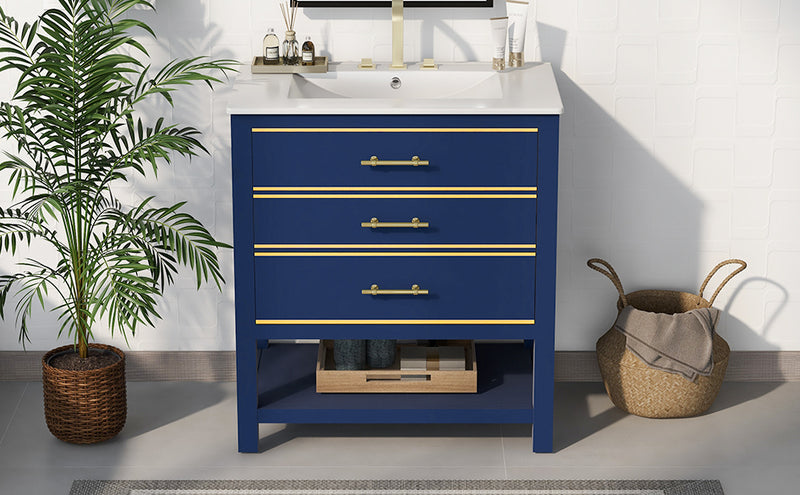 [Viedo]Modern 30inch Navy Blue/White Bathroom Vanity Cabinet Combo with Open
Storge, Two Drawers