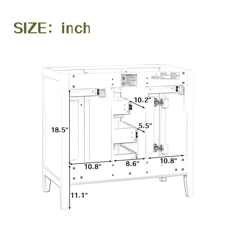 36" Bathroom Vanity with Ceramic Basin, Two Cabinets and Five Drawers, Solid Wood Frame, White