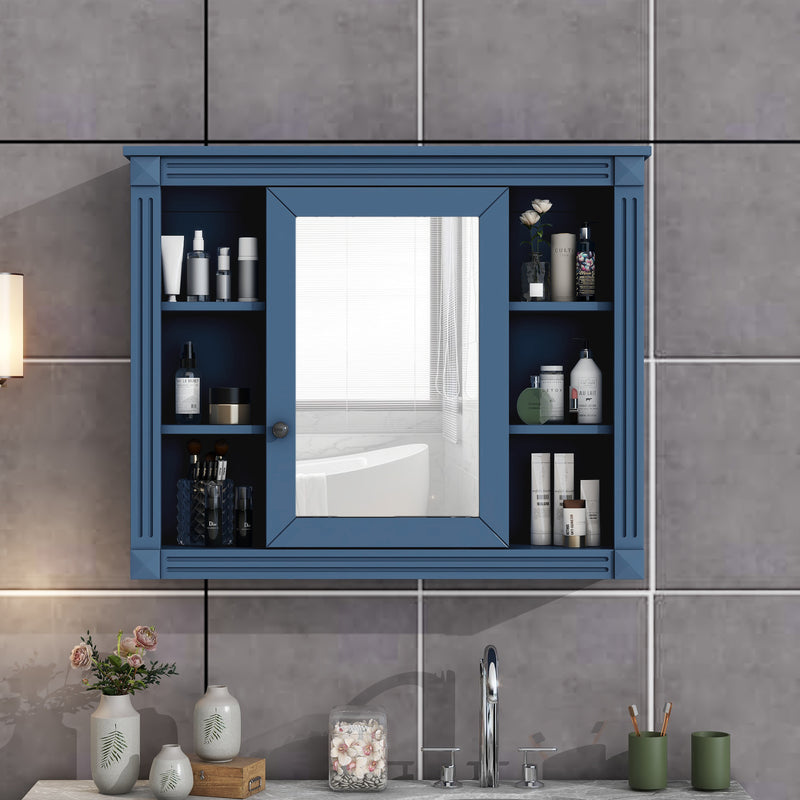 35'' x 28'' Royal Blue Wall Mounted Bathroom Storage Cabinet, Modern Bathroom Wall Cabinet with Mirror, Mirror Cabinet with 6 Open Shelves (Not Include Bathroom Vanity )