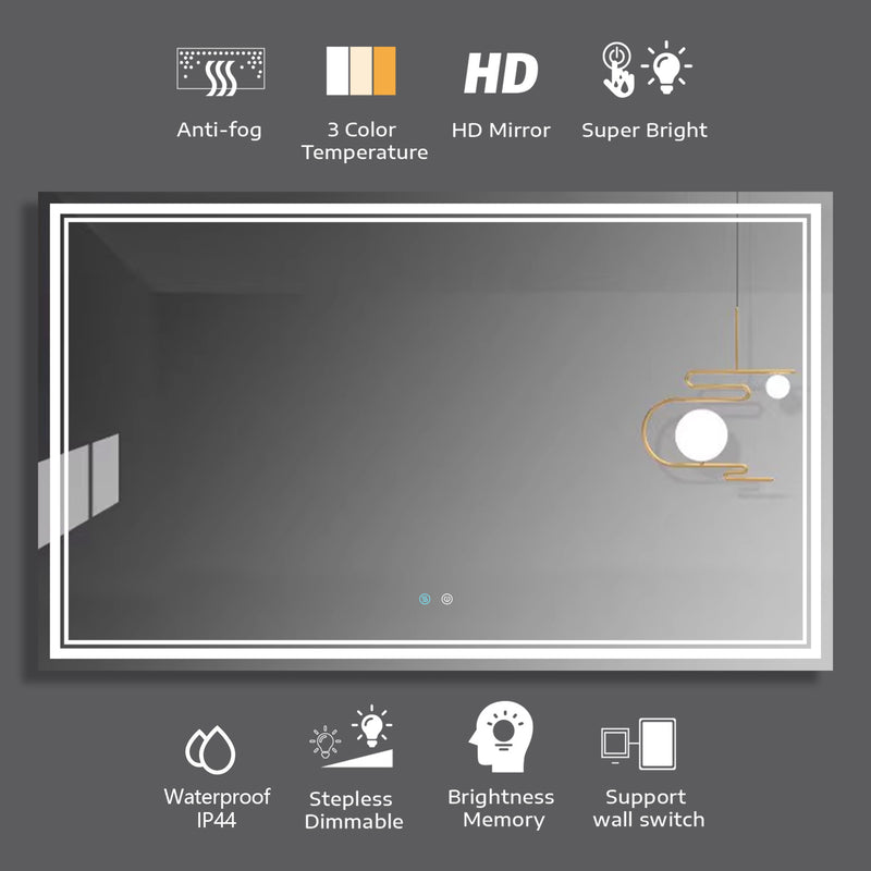 60 x 36 LED Mirror for Bathroom, LED Vanity Mirror, Adjustable 3 Color, Dimmable Vanity Mirror with Lights, Anti-Fog, Touch Control Wall Mounted Bathroom Mirror,Vertical