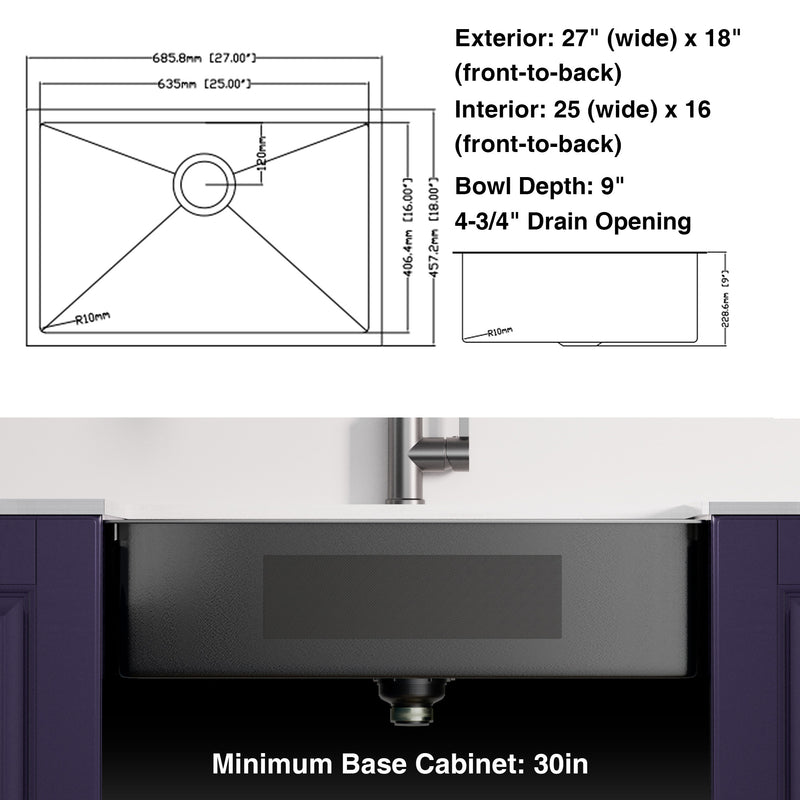 27Inch Gunmetal Black Undermount 18 Guage Stainless Steel Kitchen Sink With Black Spring Neck Faucet