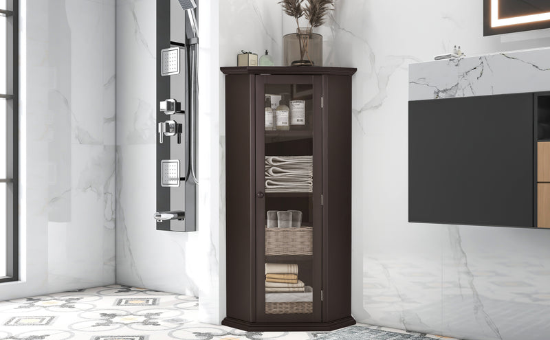 Freestanding Bathroom Cabinet with Glass Door, Corner Storage Cabinet for Bathroom, Living Room and Kitchen, MDF Board with Painted Finish, Brown