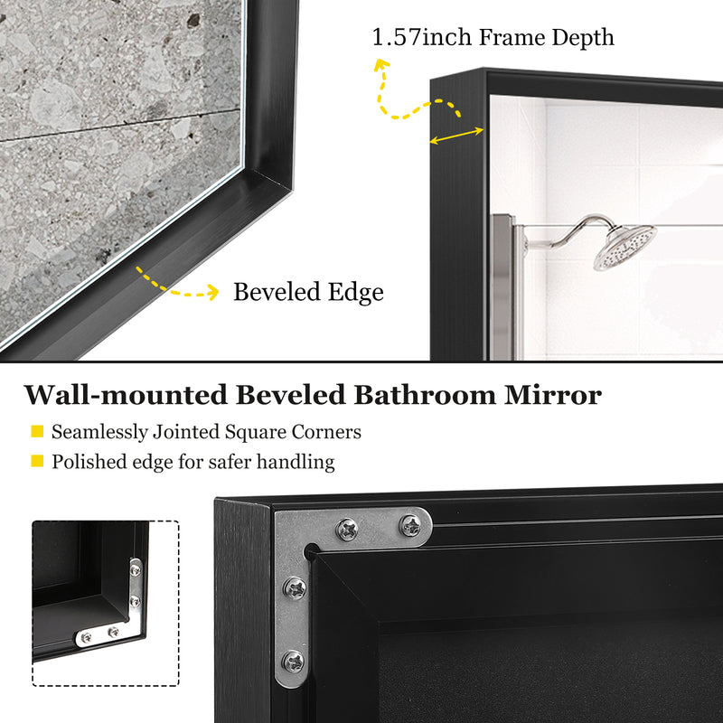 Glossy Black Bathroom Mirrors For Wall 48x30inch Wall Mounted Hanging Plates Mirror Farmhouse Mirror Modern Metal Framed Rectangular Mirror, Decorative Square Corner Mirror(Horizontal & Vertical)