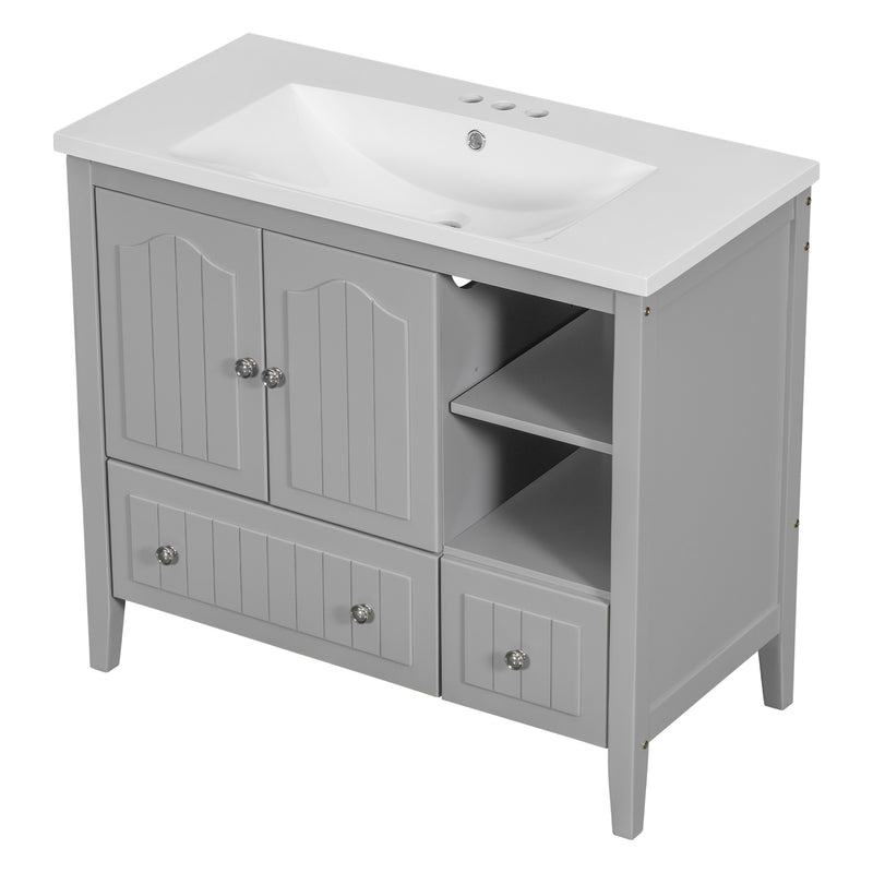 [VIDEO] 36" Bathroom Vanity with Ceramic Basin, Bathroom Storage Cabinet with Two Doors and Drawers, Solid Frame, Metal Handles, Grey