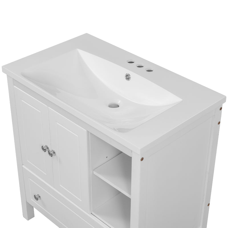 [VIDEO] 30" Bathroom Vanity with Sink, Bathroom Storage Cabinet with Doors and Drawers, Solid Wood Frame, Ceramic Sink, White