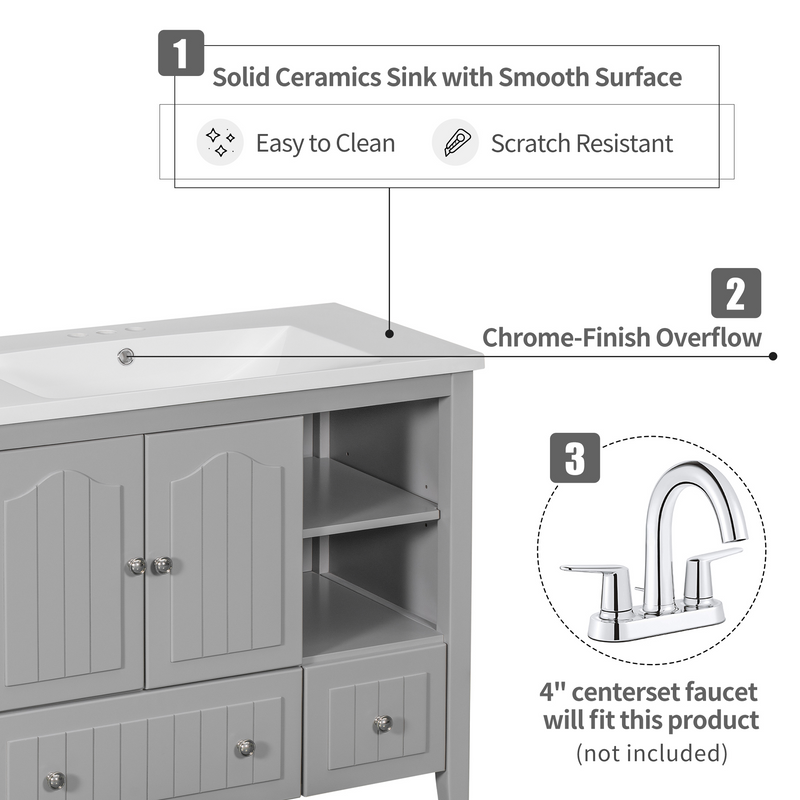 [VIDEO] 36" Bathroom Vanity with Ceramic Basin, Bathroom Storage Cabinet with Two Doors and Drawers, Solid Frame, Metal Handles, Grey