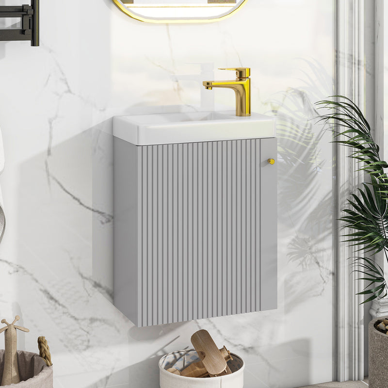 [Viedo]Contemporary 16" Wall-Mounted Bathroom Vanity Combo Cabinet with Ceramic Basin - Ideal for Small Bathrooms