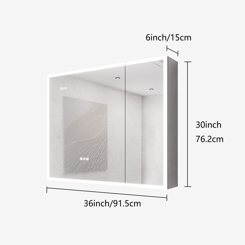 Bathroom Medicine Cabinet with Lights, 36×30 Inch LED Medicine Cabinet with Mirror, Double Door Lighted Medicine Cabinet with Defogger, Dimmer, Clock & Temp Display, 2 Outlets & USB Ports