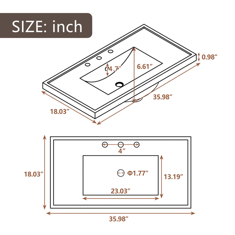 36" Bathroom Vanity with Ceramic Basin, Two Cabinets and Five Drawers, Solid Wood Frame, Grey