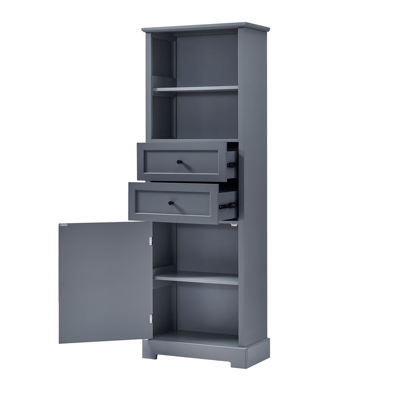 Bathroom Storage Cabinet, Tall Storage Cabinet with Two Drawers, Open Storage, Adjustable Shelf, Grey