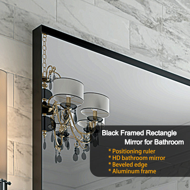 Glossy Black Bathroom Mirrors For Wall 48x30inch Wall Mounted Hanging Plates Mirror Farmhouse Mirror Modern Metal Framed Rectangular Mirror, Decorative Square Corner Mirror(Horizontal & Vertical)