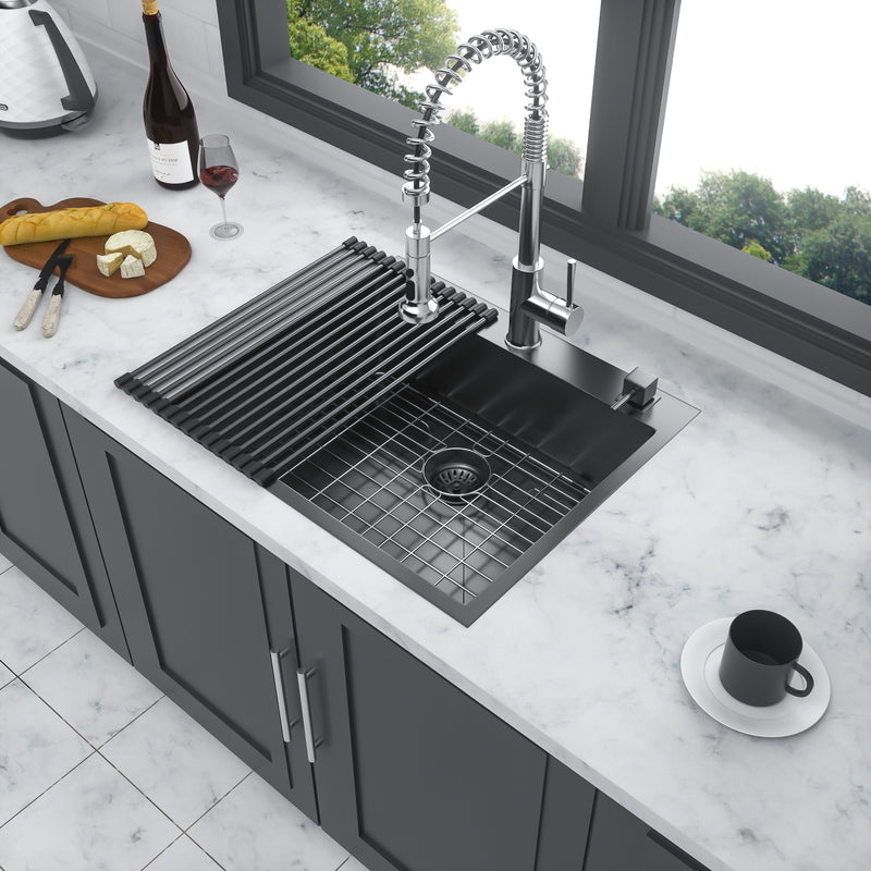 25x22 inch Drop in Kitchen Sink Gunmetal Black Topmount 16 Gauge Deep Single Bowl Stainless Steel Sink Basin