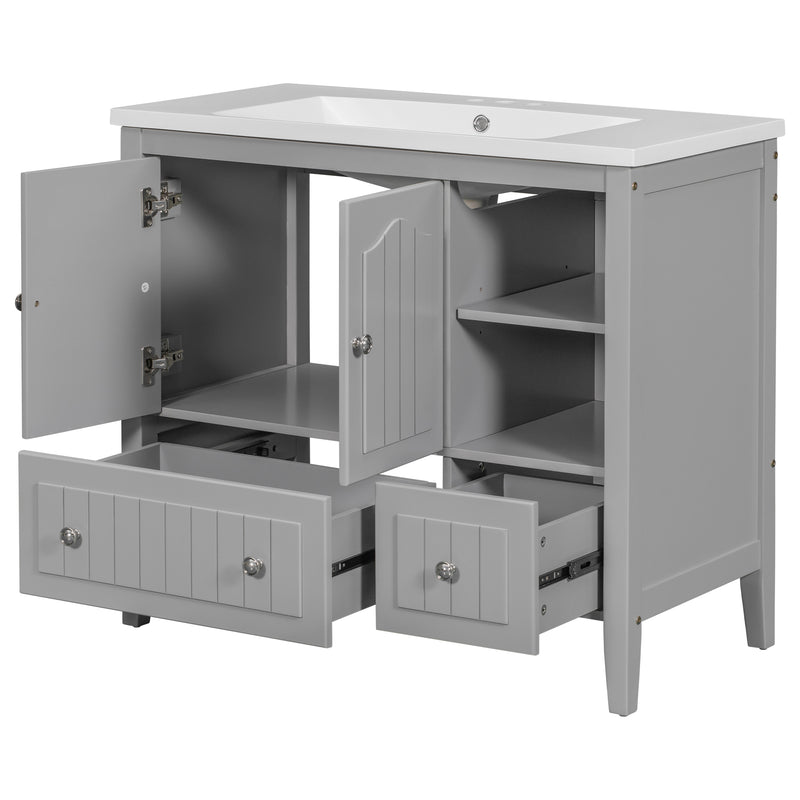 [VIDEO] 36" Bathroom Vanity with Ceramic Basin, Bathroom Storage Cabinet with Two Doors and Drawers, Solid Frame, Metal Handles, Grey