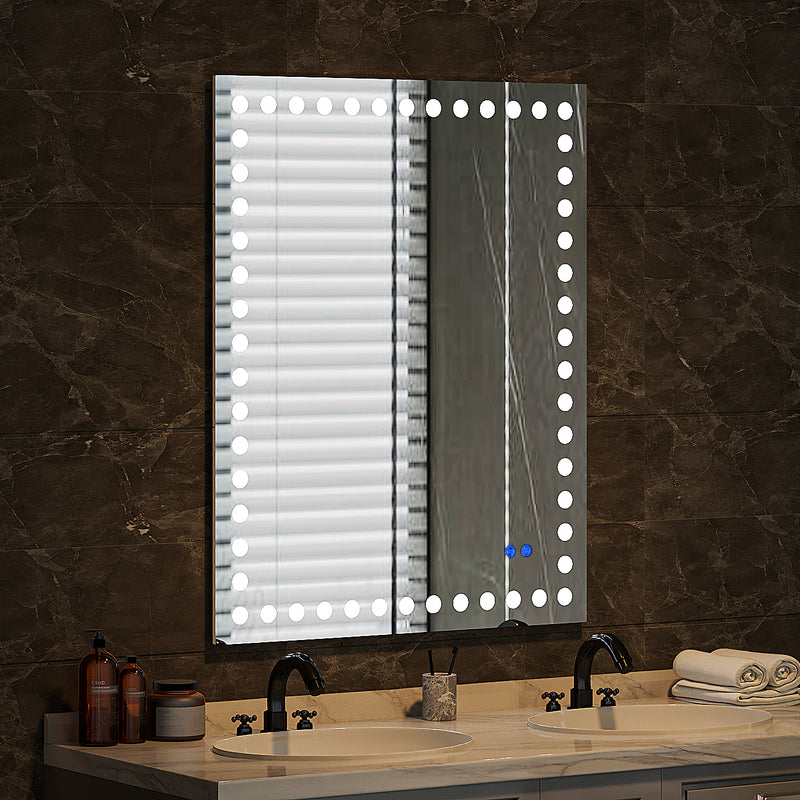 40X32 Inch Led-Lit Bathroom Mirror, Wall Mounted Anti-Fog Memory Rectangular Vanity Mirror With Tri-White Front Circular Light And Touch Sensor Dimmer Switch