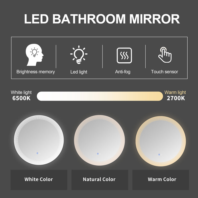 24 Inch Switch-Held Memory LED Mirror, Wall-Mounted Vanity Mirrors, Bathroom Anti-Fog Mirror, Dimmable Bathroom Mirror