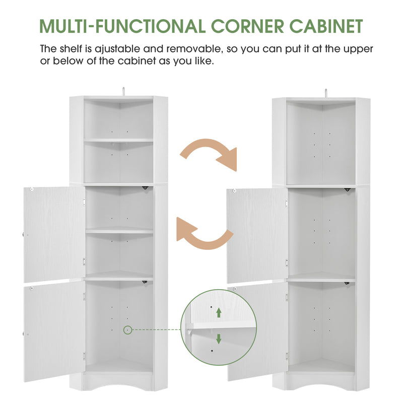 Tall Bathroom Corner Cabinet, Freestanding Storage Cabinet with Doors and Adjustable Shelves, MDF Board, White