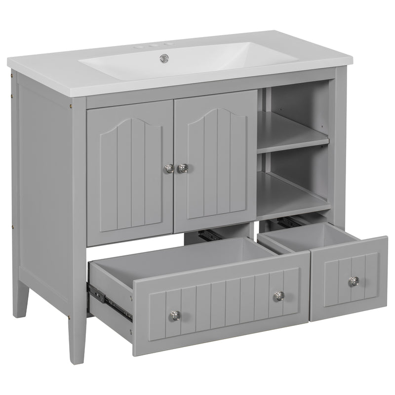 [VIDEO] 36" Bathroom Vanity with Ceramic Basin, Bathroom Storage Cabinet with Two Doors and Drawers, Solid Frame, Metal Handles, Grey