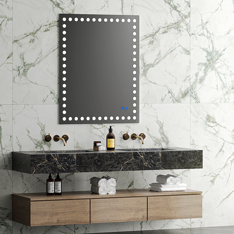 40X32 Inch Led-Lit Bathroom Mirror, Wall Mounted Anti-Fog Memory Rectangular Vanity Mirror With Tri-White Front Circular Light And Touch Sensor Dimmer Switch