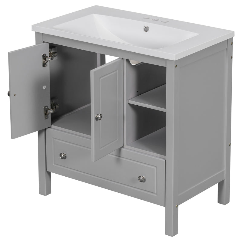 [VIDEO] 30" Bathroom Vanity with Sink, Bathroom Storage Cabinet with Doors and Drawers, Solid Wood Frame, Ceramic Sink, Grey