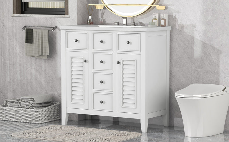 36" Bathroom Vanity with Ceramic Basin, Two Cabinets and Five Drawers, Solid Wood Frame, White