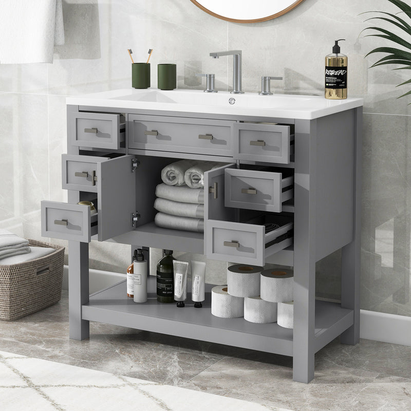 36'' Bathroom Vanity with Top Sink, Modern Bathroom Storage Cabinet with 2 Soft Closing Doors and 6 Drawers, Single Sink Bathroom Vanity