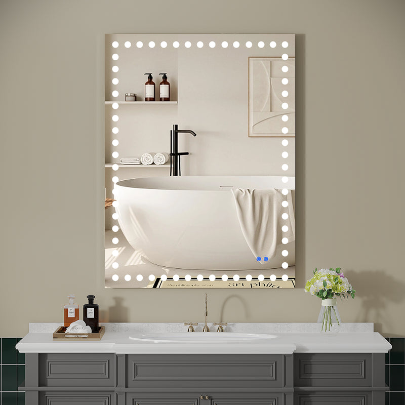 48X36 Inch Led-Lit Bathroom Mirror, Wall Mounted Anti-Fog Memory Rectangular Vanity Mirror With Tri-White Front Circular Light And Touch Sensor Dimmer Switch