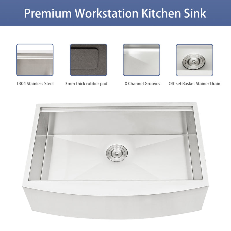 33 Farmhouse Sink Workstation - 33*21*9 Inch Kitchen Sink Stainless Steel 18 gauge Apron Front Kitchen Sink