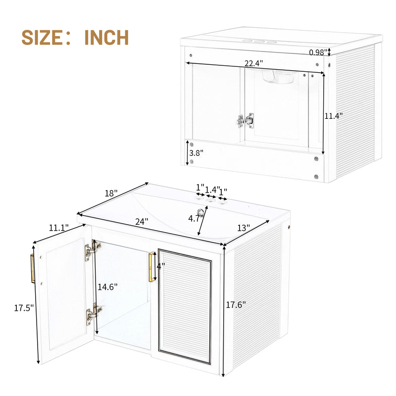 24" Wall Mounted Bathroom Vanity with Ceramic Basin, Two Shutter Doors, Solid Wood & MDF Board, White (One Package)