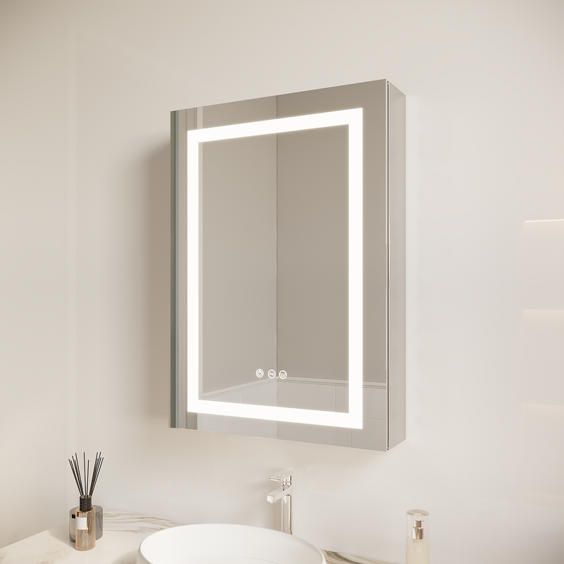 26x20 inch Bathroom Medicine Cabinet with LED Mirror, Anti-Fog, Waterproof, 3000K~6000K Single Door Lighted Bathroom Cabinet with Touch Swich, Dimmable,Recessed or Surface Mount (Left Door)