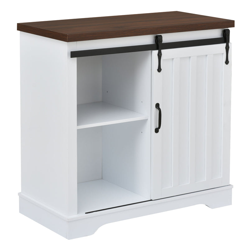 Bathroom Storage Cabinet, Freestanding Accent Cabinet, Sliding Barn Door, Thick Top, Adjustable Shelf, White and Brown