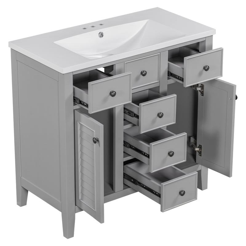 36" Bathroom Vanity with Ceramic Basin, Two Cabinets and Five Drawers, Solid Wood Frame, Grey