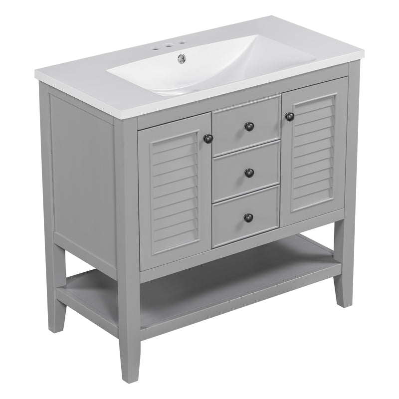 36" Bathroom Vanity with Ceramic Basin, Two Cabinets and Drawers, Open Shelf, Solid Wood Frame, Grey