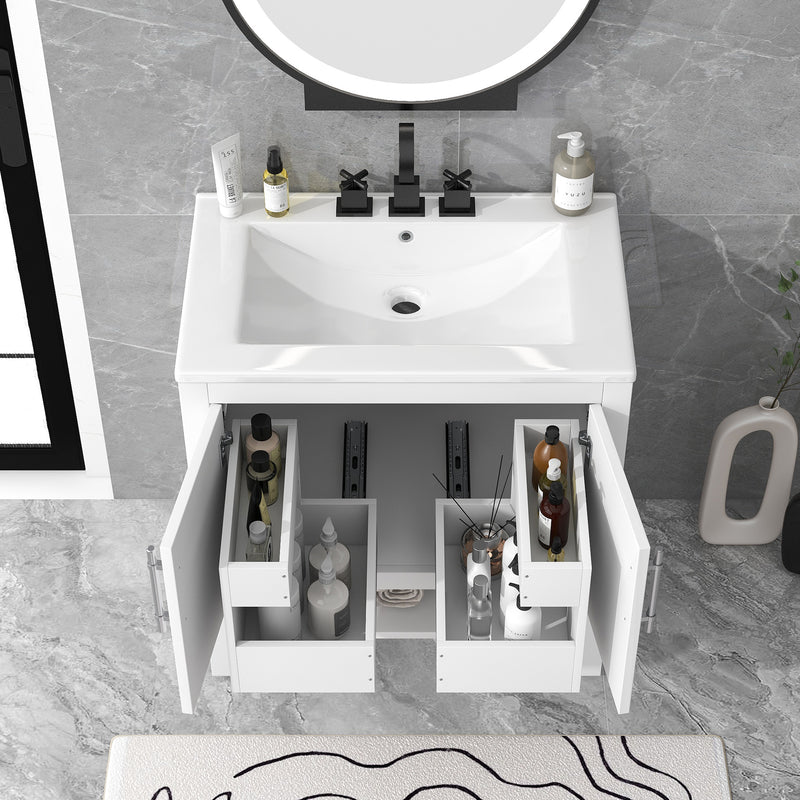 30" Bathroom Vanity with Sink, Multi-functional Bathroom Cabinet with Doors and Drawers, Solid Frame and MDF Board, White