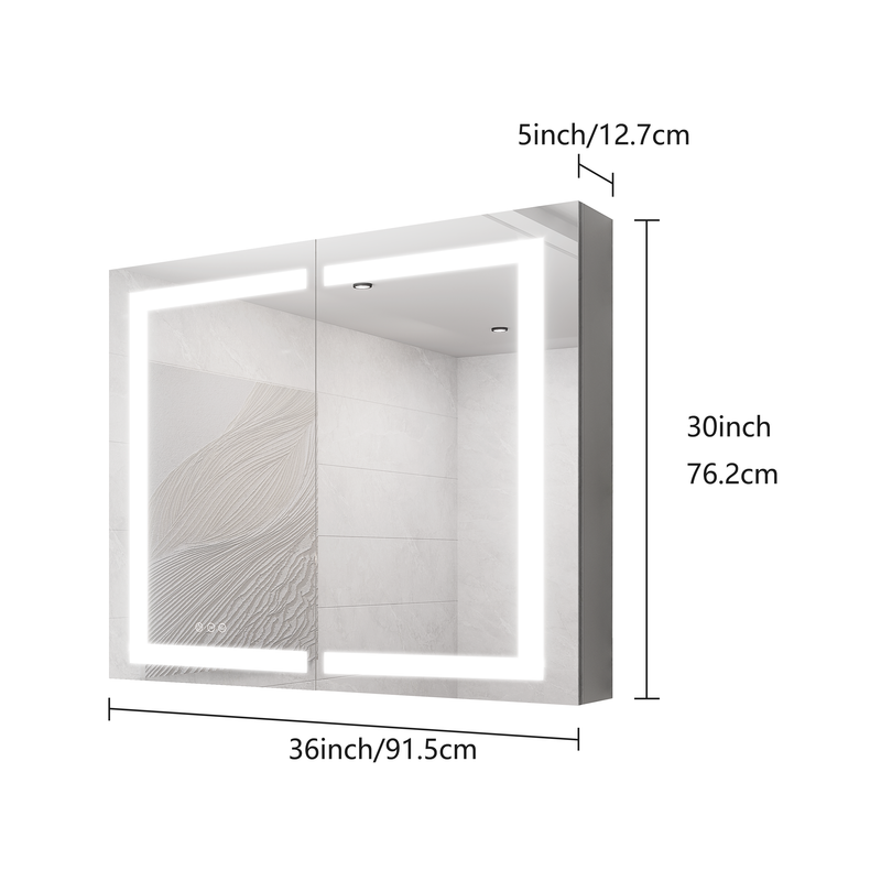 36 x 30 inch Medicine Cabinet with LED Vanity Mirror, Anti-Fog, Recessed or Surface Mount, Waterproof, Dimmable, Aluminum 3000K~6000K Lighted Double Door Bathroom Cabinet with Touch Switch