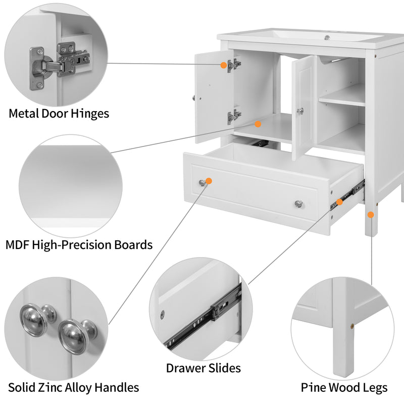 [VIDEO] 30" Bathroom Vanity with Sink, Bathroom Storage Cabinet with Doors and Drawers, Solid Wood Frame, Ceramic Sink, White