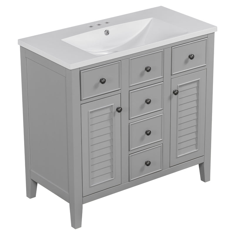 36" Bathroom Vanity with Ceramic Basin, Two Cabinets and Five Drawers, Solid Wood Frame, Grey