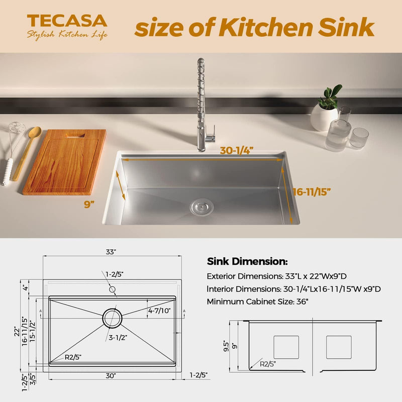 TECASA 33 inch Kitchen Sink - Dual Mount Undermount or Drop-in Sink with Faucet Combo, All-in-One Single Bowl Stainless Steel Sink