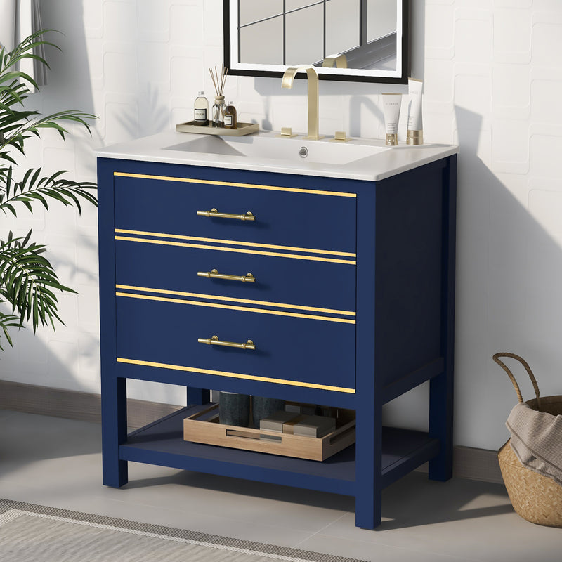 [Viedo]Modern 30inch Navy Blue/White Bathroom Vanity Cabinet Combo with Open
Storge, Two Drawers