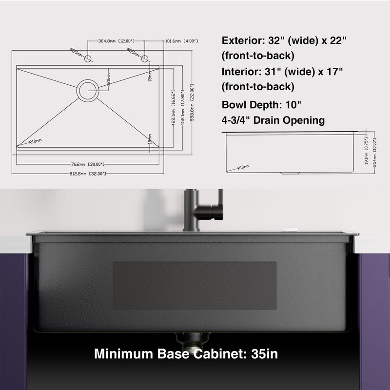 32x22 Inch Topmount Gunmetal Black Workstation  18 Gauge Stainless Steel Single Bowl Kitchen Sink