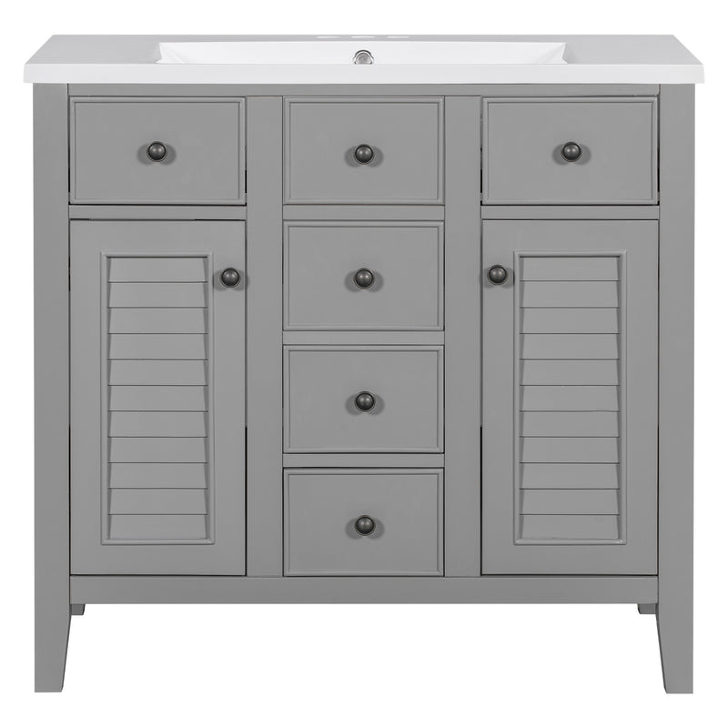 36" Bathroom Vanity with Ceramic Basin, Two Cabinets and Five Drawers, Solid Wood Frame, Grey